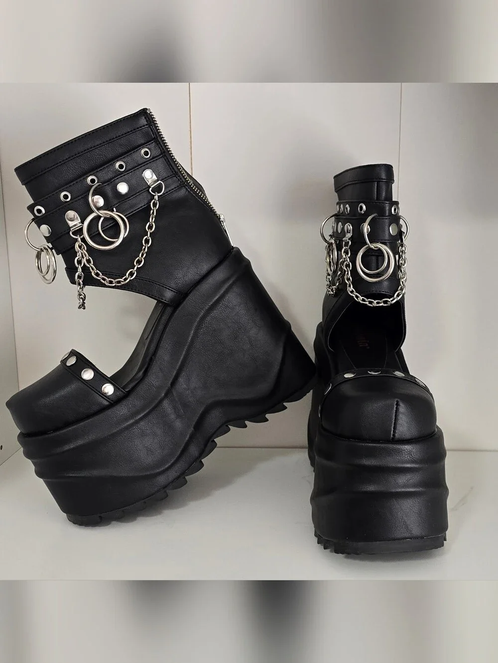 Demonia Black Chunky Platform Ankle Boots with Chains